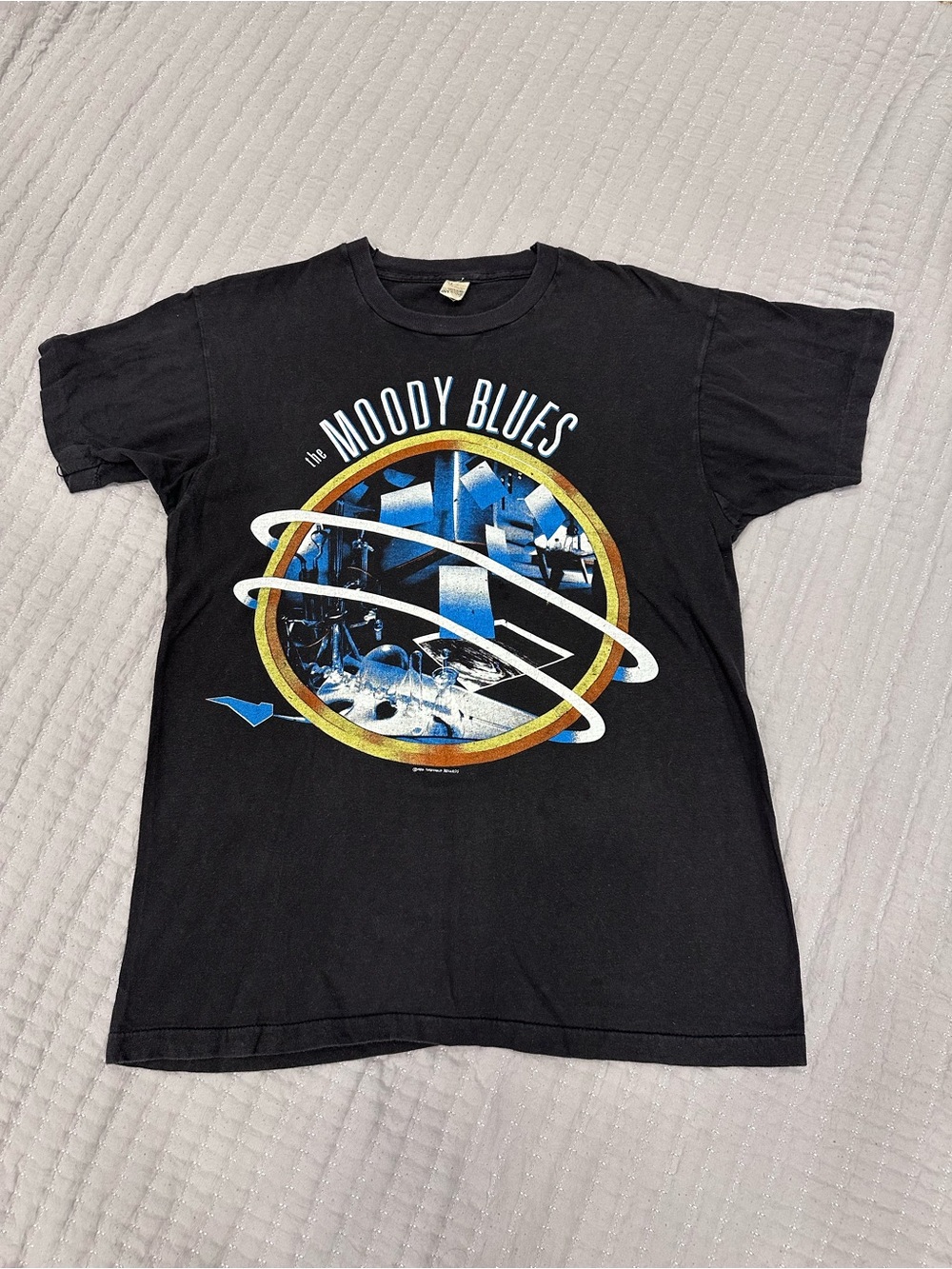 Vintage The Moody Blues 1986 Black Graphic Band Tee with Blue and Yellow Artwork